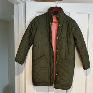 J. Crew Signature Puffer Olive Green with Pink Interior